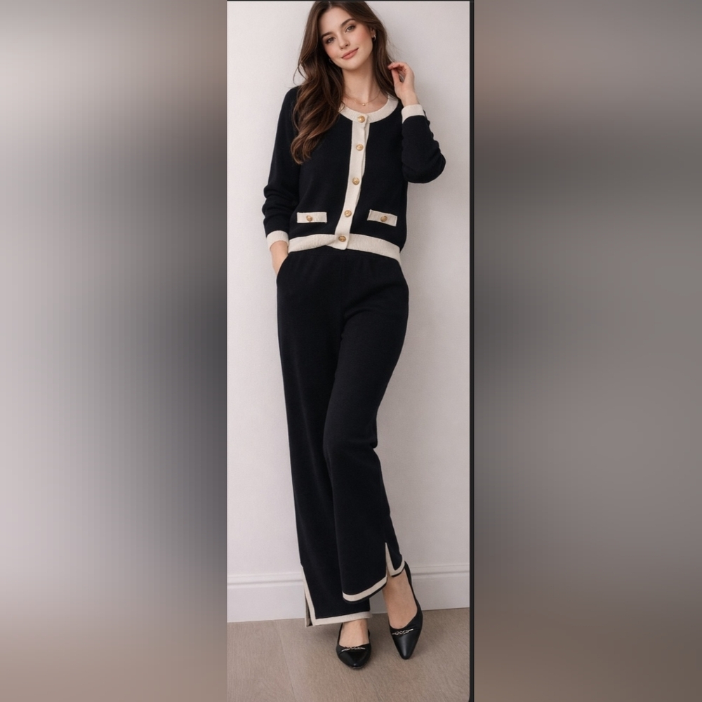 H&M Black Knit Pantsuit with Cream Trim and Gold Buttons